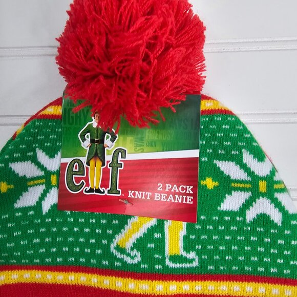 Elf Movie Men's Ugly Sweater Knit Beanie Hat 2 Pack Red & Green One Size NWT - Picture 2 of 5